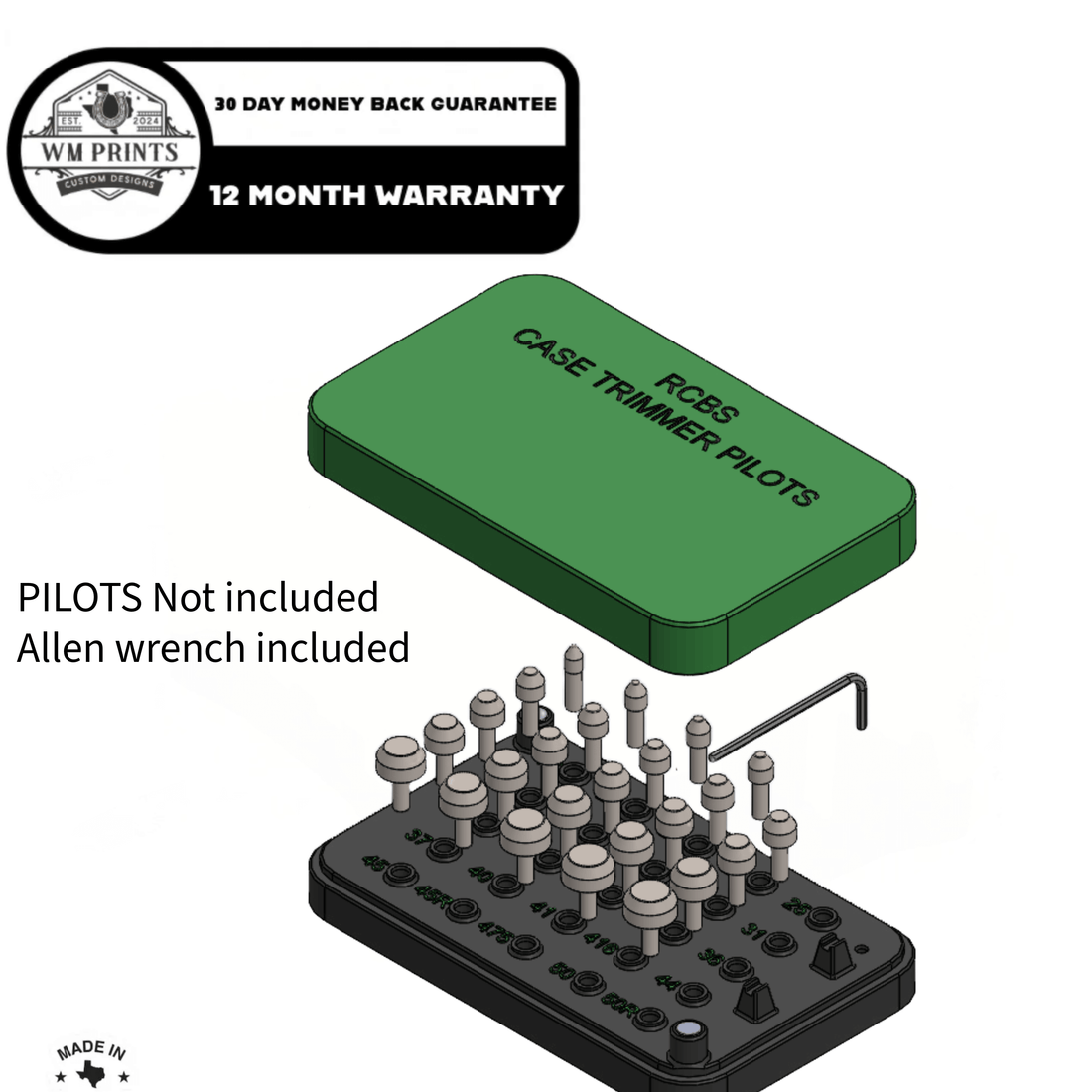 RCBS Case Trimmer Pilots Holder with magnetic lid, rubber feet, and included Allen wrench, made in Texas.