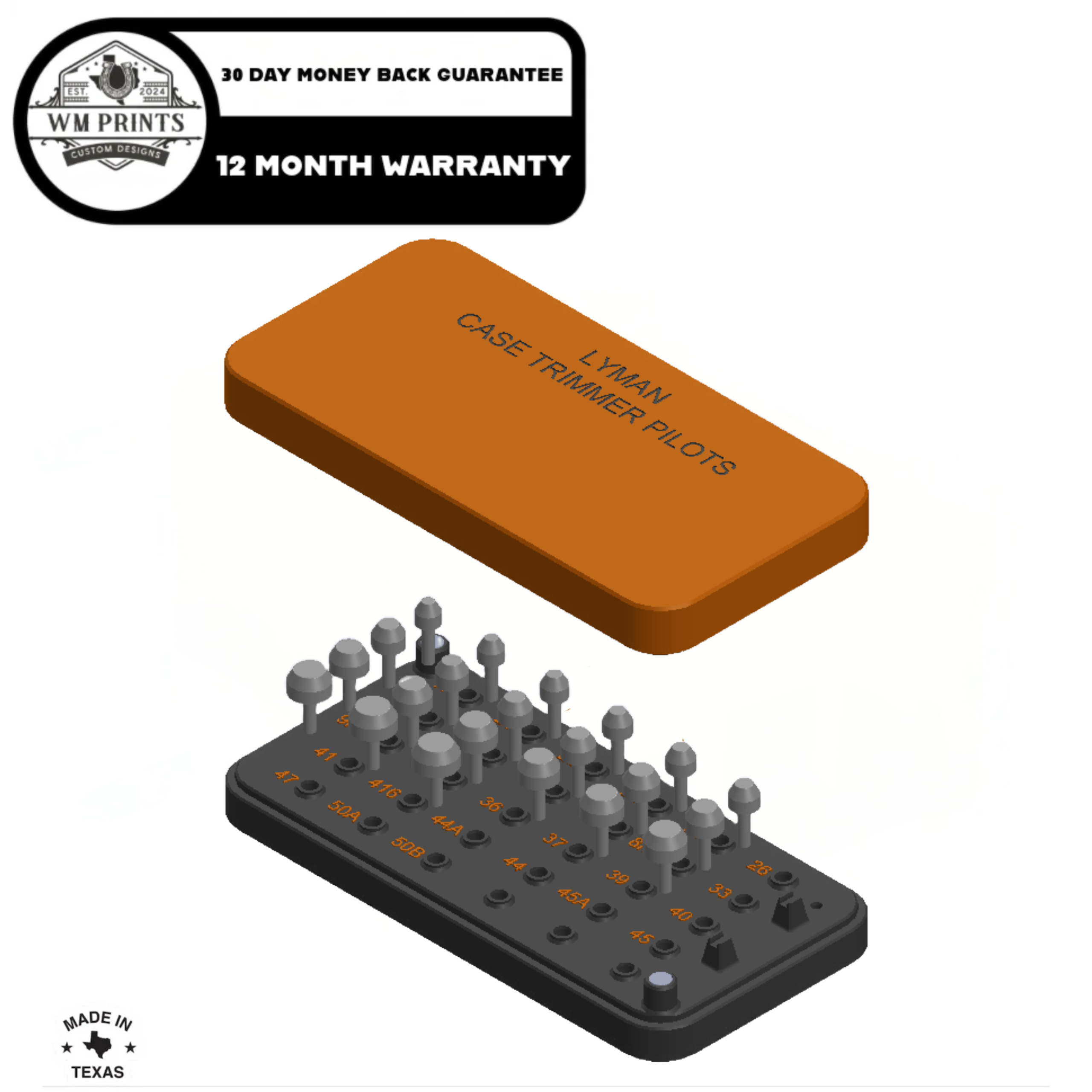 LYMAN Case Trimmer Pilots Holder with magnetic lid, rubber feet, and Allen wrench. The product is displayed with an orange lid and a black base with pilots.