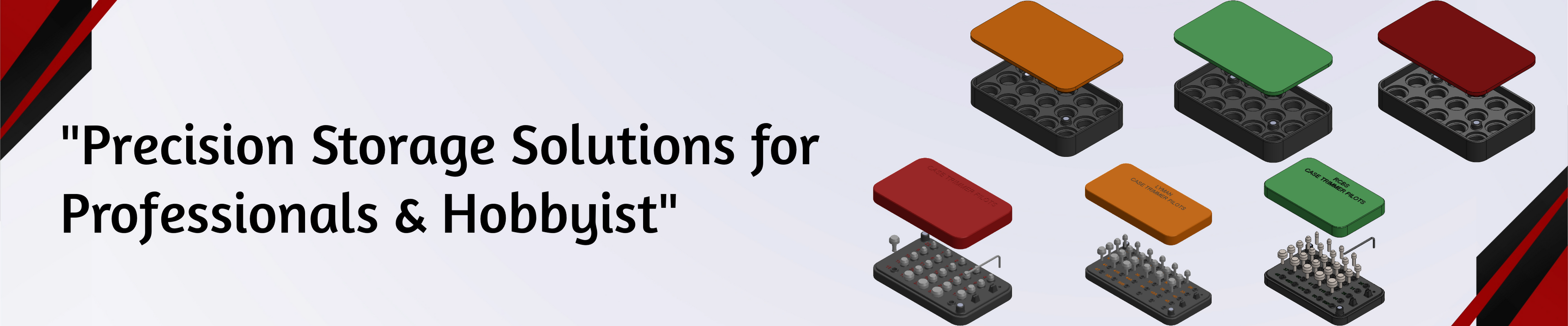 Storage solutions with colored compartments on a white background, labeled 'Precision Storage Solutions for Professionals & Hobbyists'.