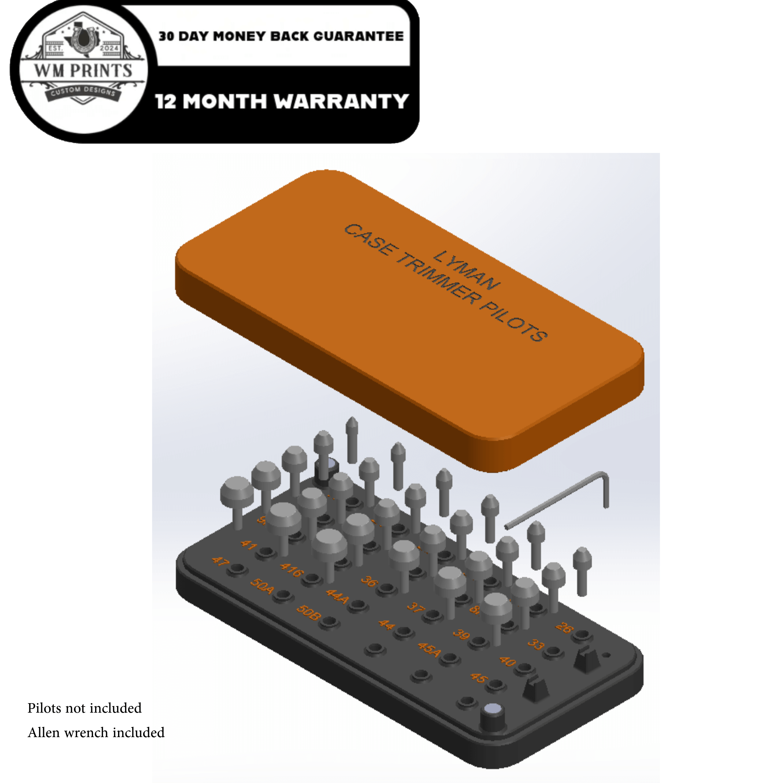 LYMAN Case Trimmer Pilots Holder with magnetic lid, rubber feet, and Allen wrench, featuring multiple pilot sizes.