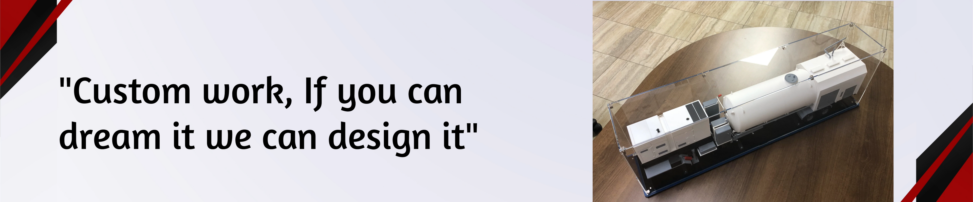 Product on a wooden surface with promotional text about custom design capabilities.