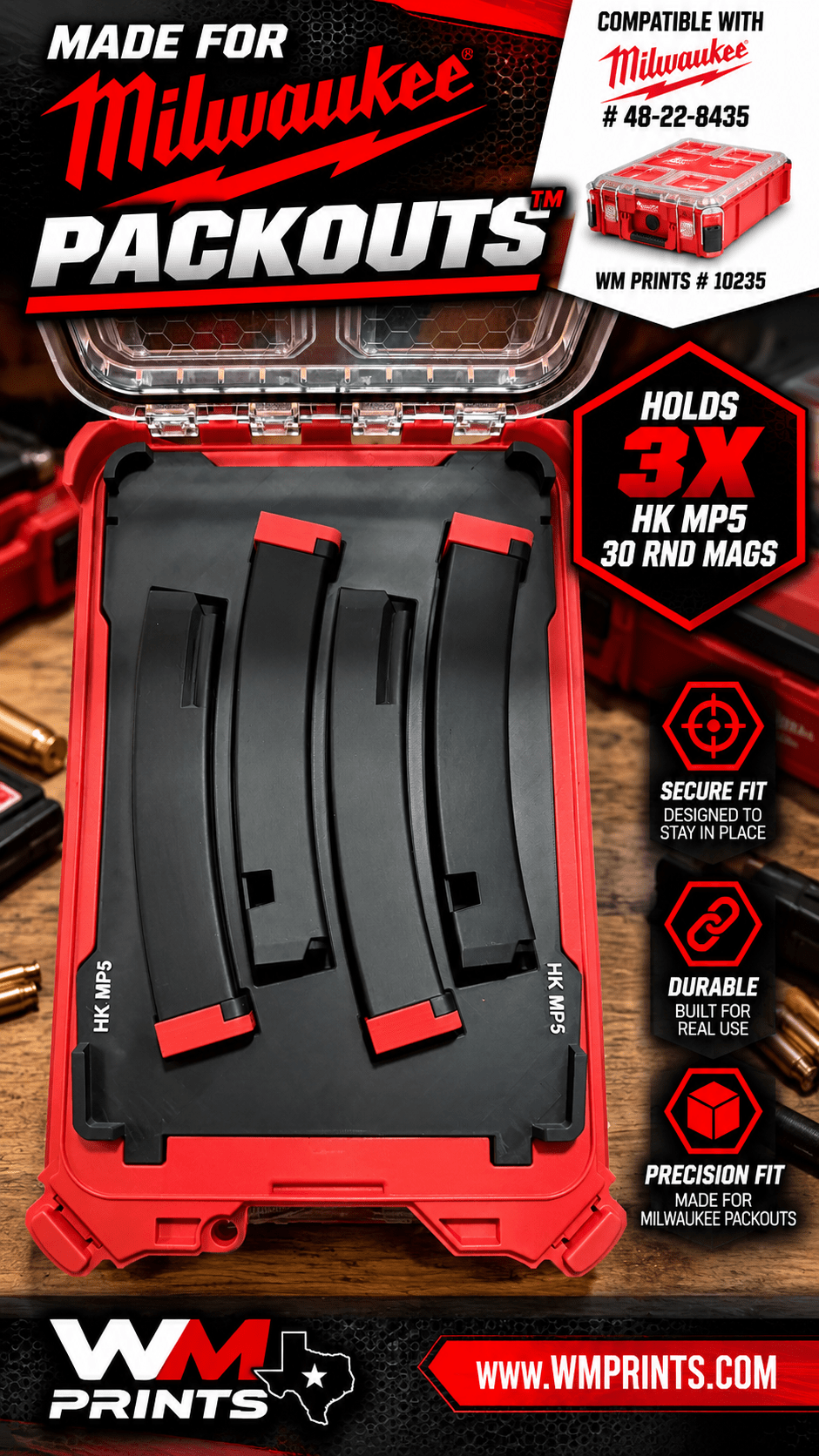 Made for Milwaukee Packouts HK MP5 Magazines Storage Insert. - WM Prints LLC