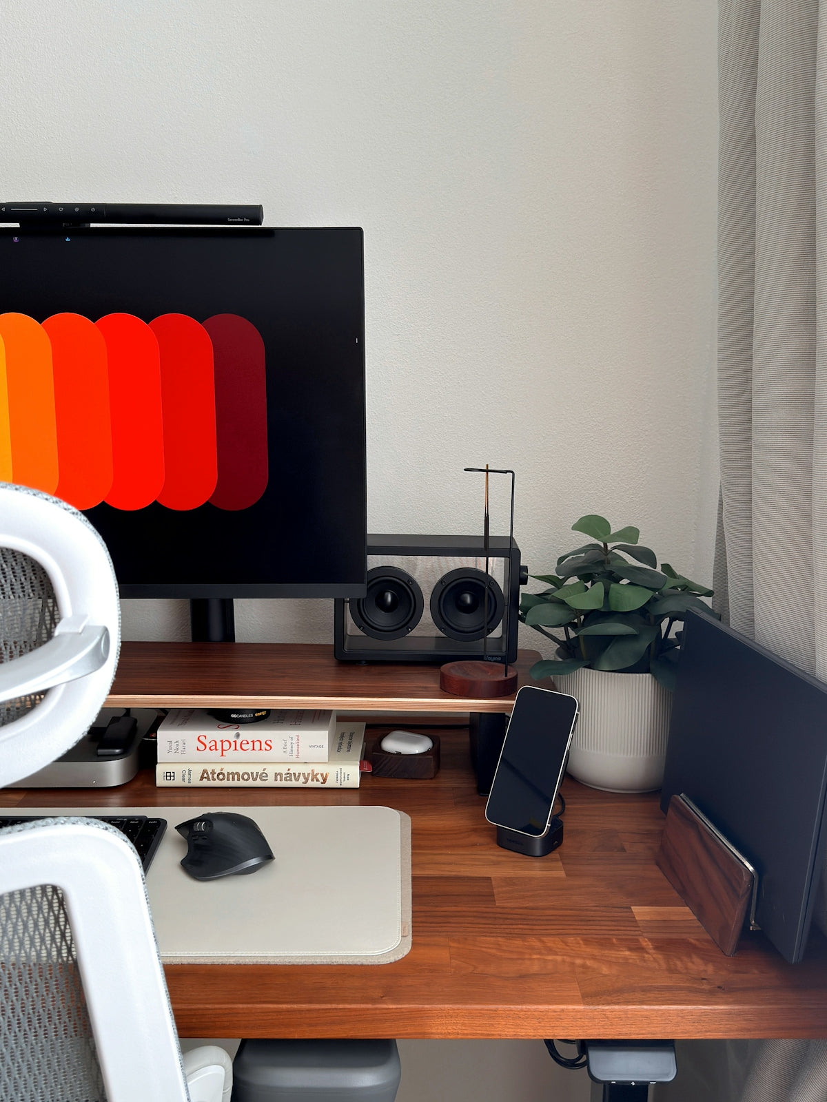 A modern desk setup with a computer and plant.