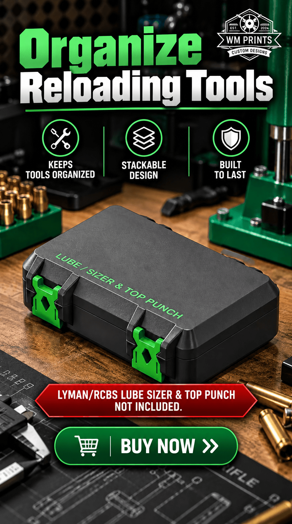 CASE, HINGED for Lyman/RCBS Lube Sizer &amp; Top Punch Storage - WM Prints LLC