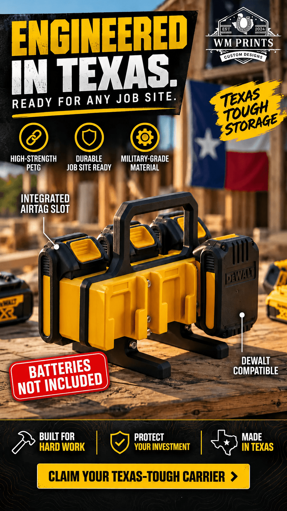 Made for DeWalt battery type compatible carrier. - WM Prints LLC