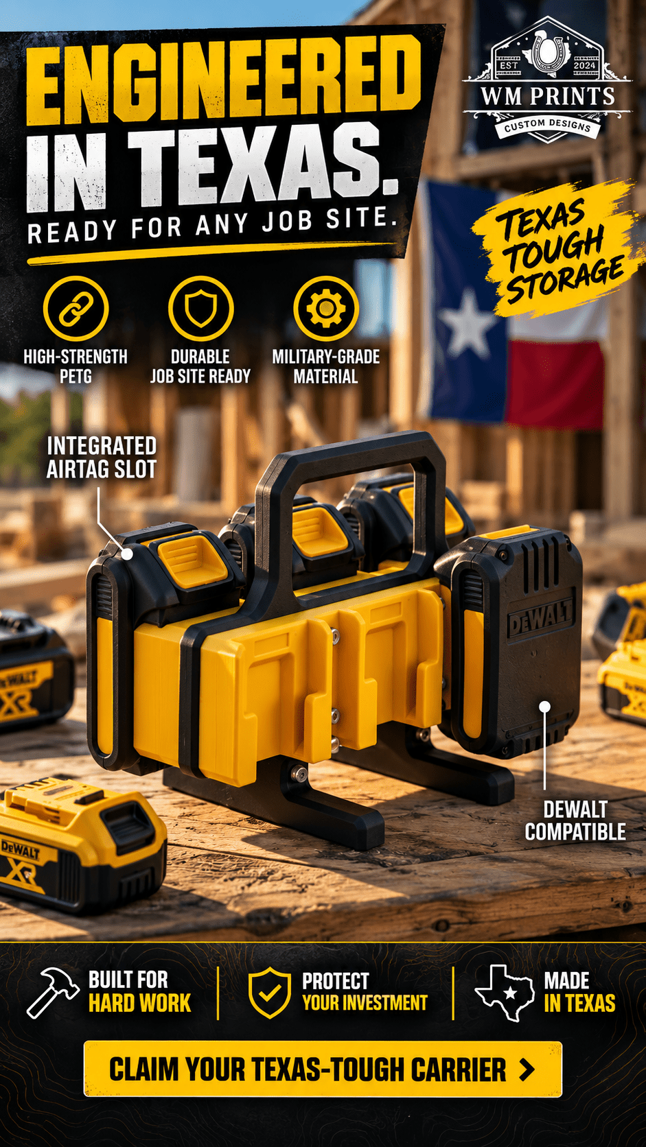 Made for DeWalt battery type compatible carrier. - WM Prints LLC