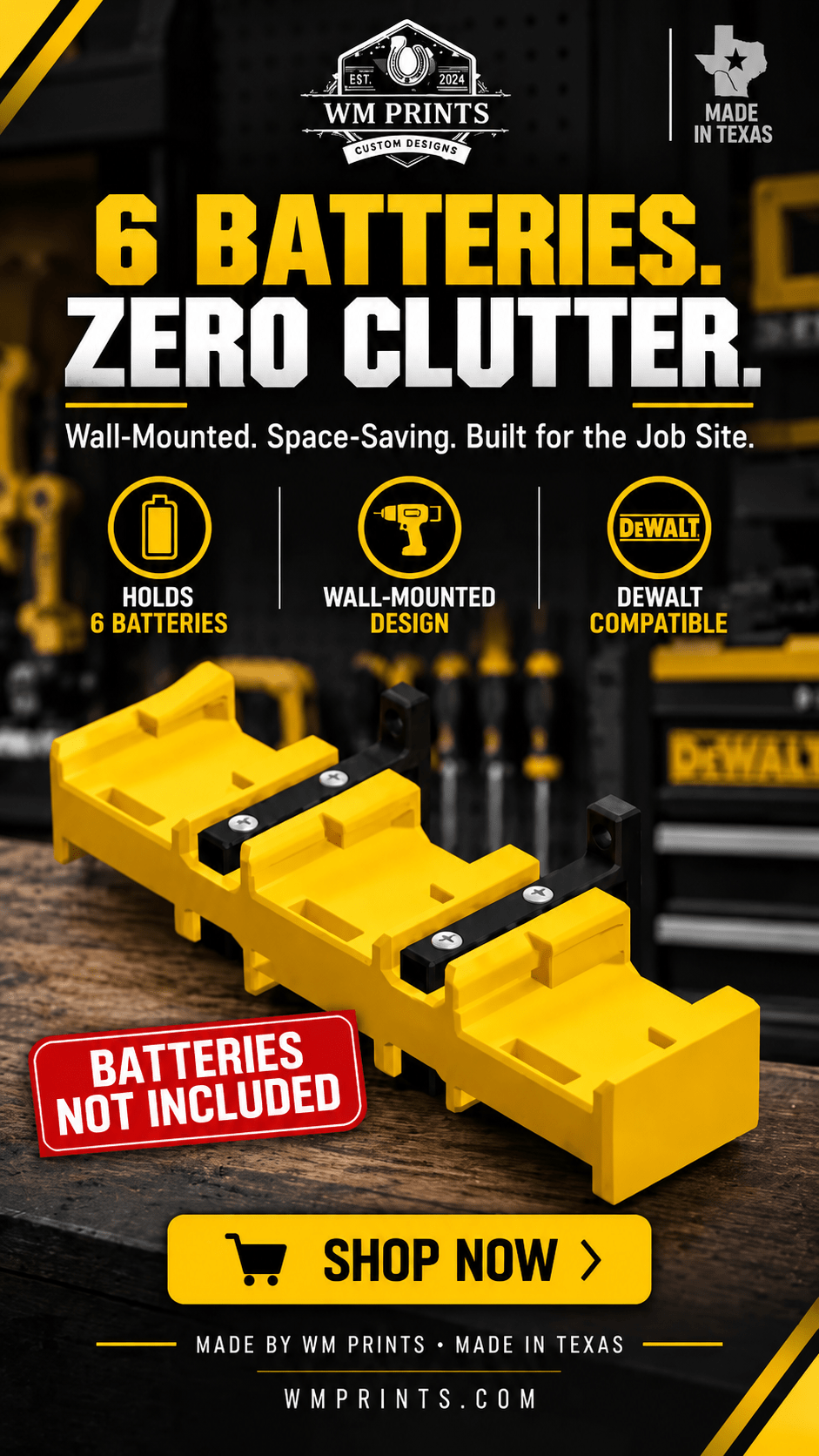 Made for DeWalt Battery Wall Mount Holders - WM Prints LLC