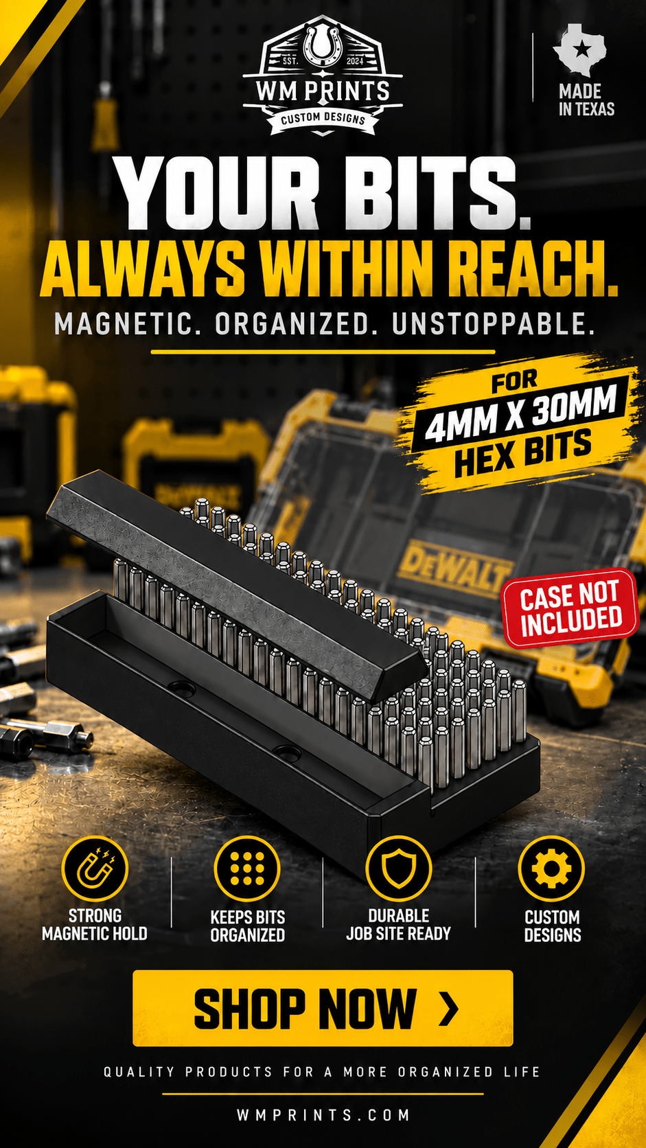 Made for DeWalt Tough Case Hex Bit Tray Magnetic Parts Tray. *4MM X 30MM HEX BITS* - WM Prints LLC