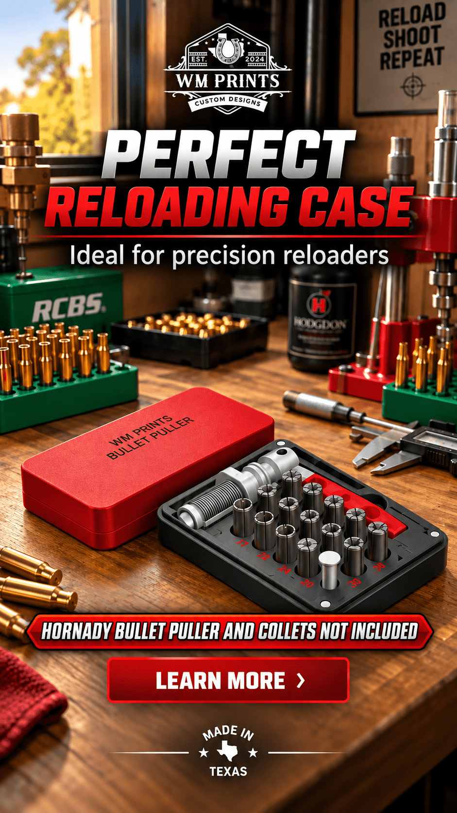 Made for Hornady Bullet Puller and Collets Storage Case - WM Prints LLC