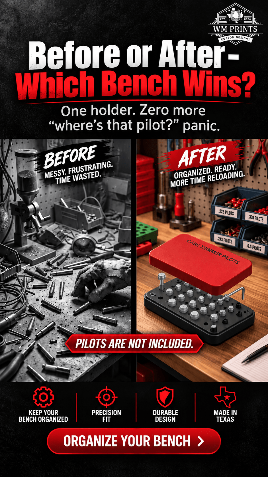 Made for Hornady Case Trimmer Pilots Holder. - WM Prints LLC