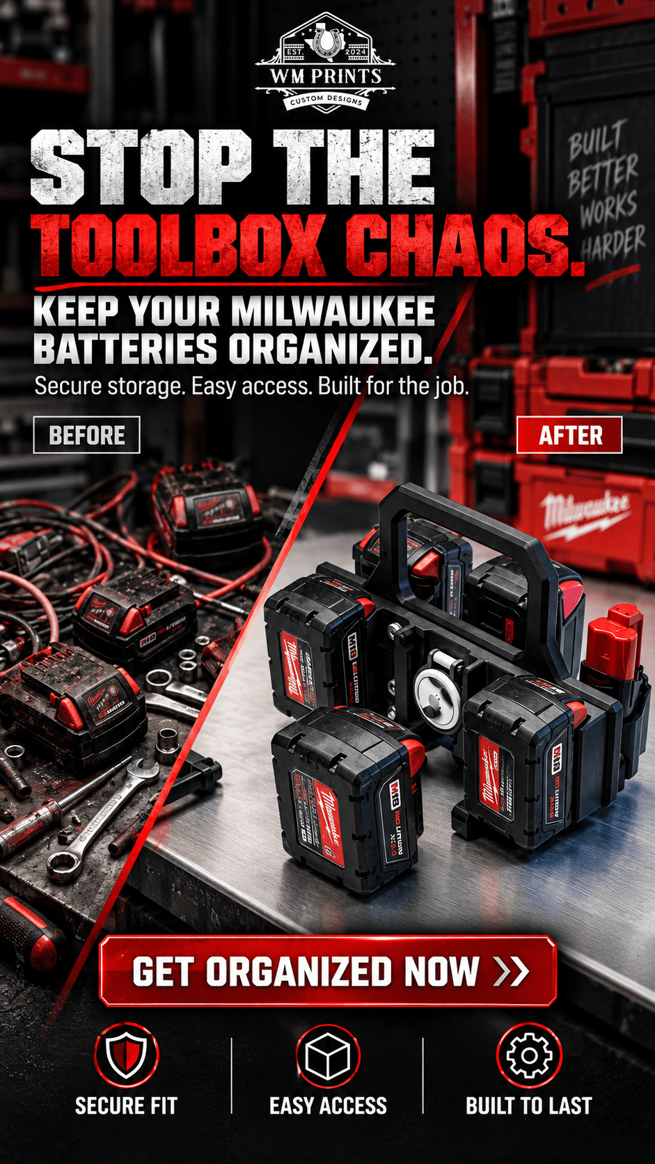 Made for Milwaukee batteries carrier with built in Air Tag holder. - WM Prints LLC