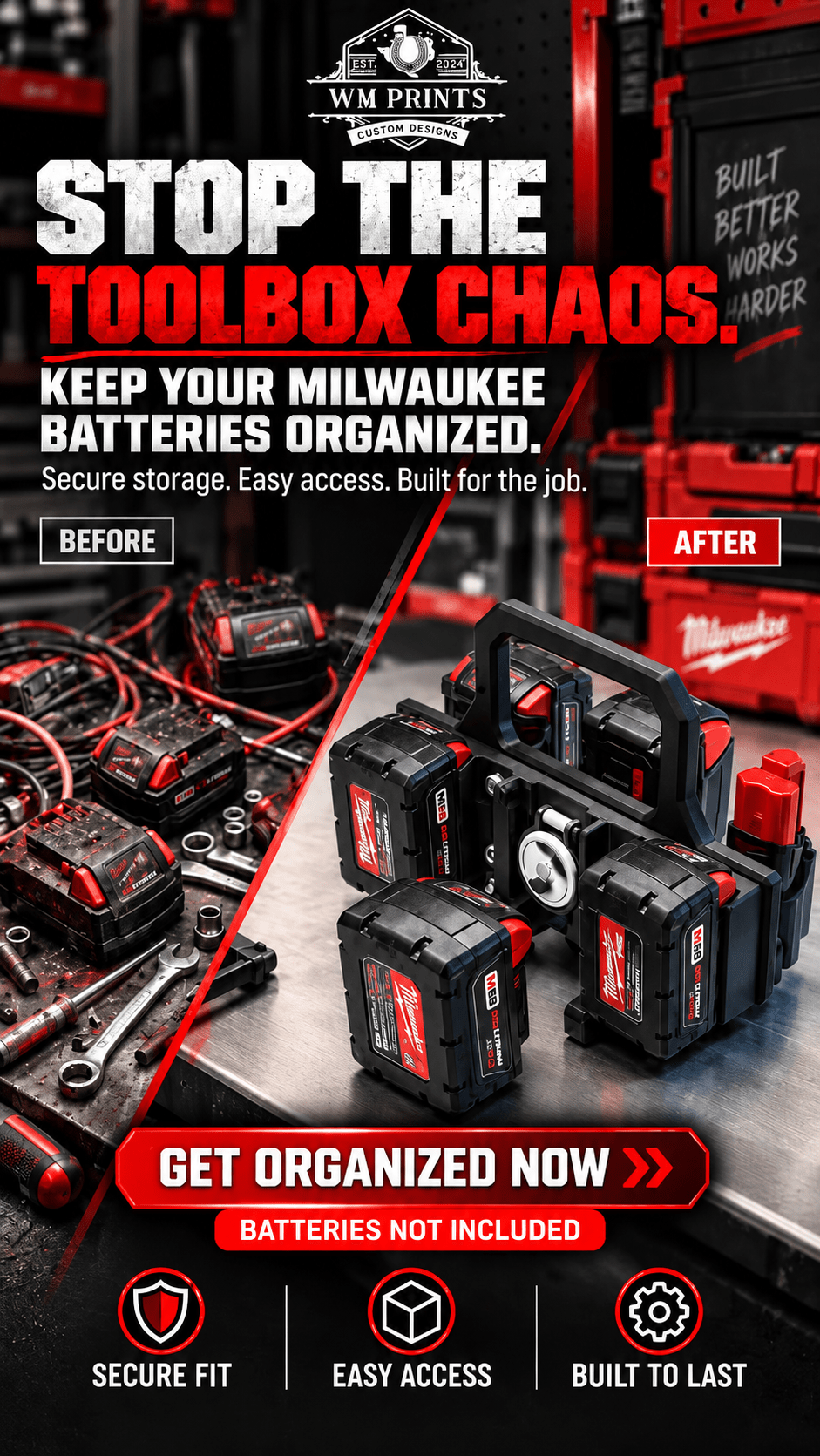 Made for Milwaukee batteries carrier with built in Air Tag holder. - WM Prints LLC