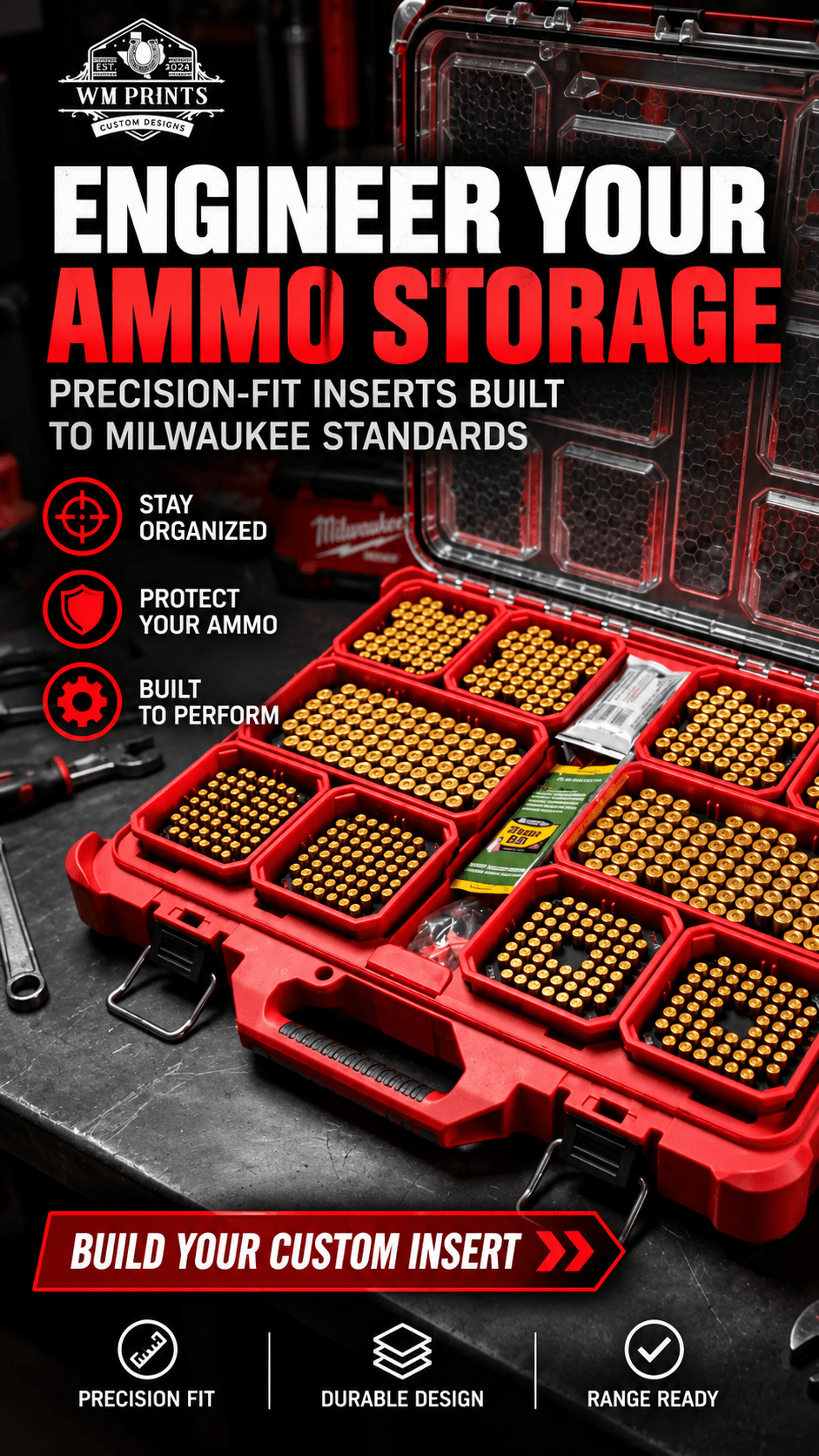 Made for Milwaukee Packouts Slim low profile Ammo Inserts. - WM Prints LLC