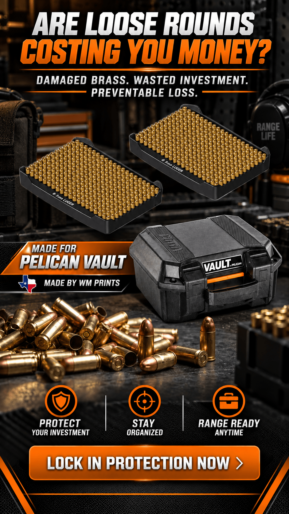 Made for Pelican Vault V100 Pistol ammo double stack inserts - WM Prints LLC