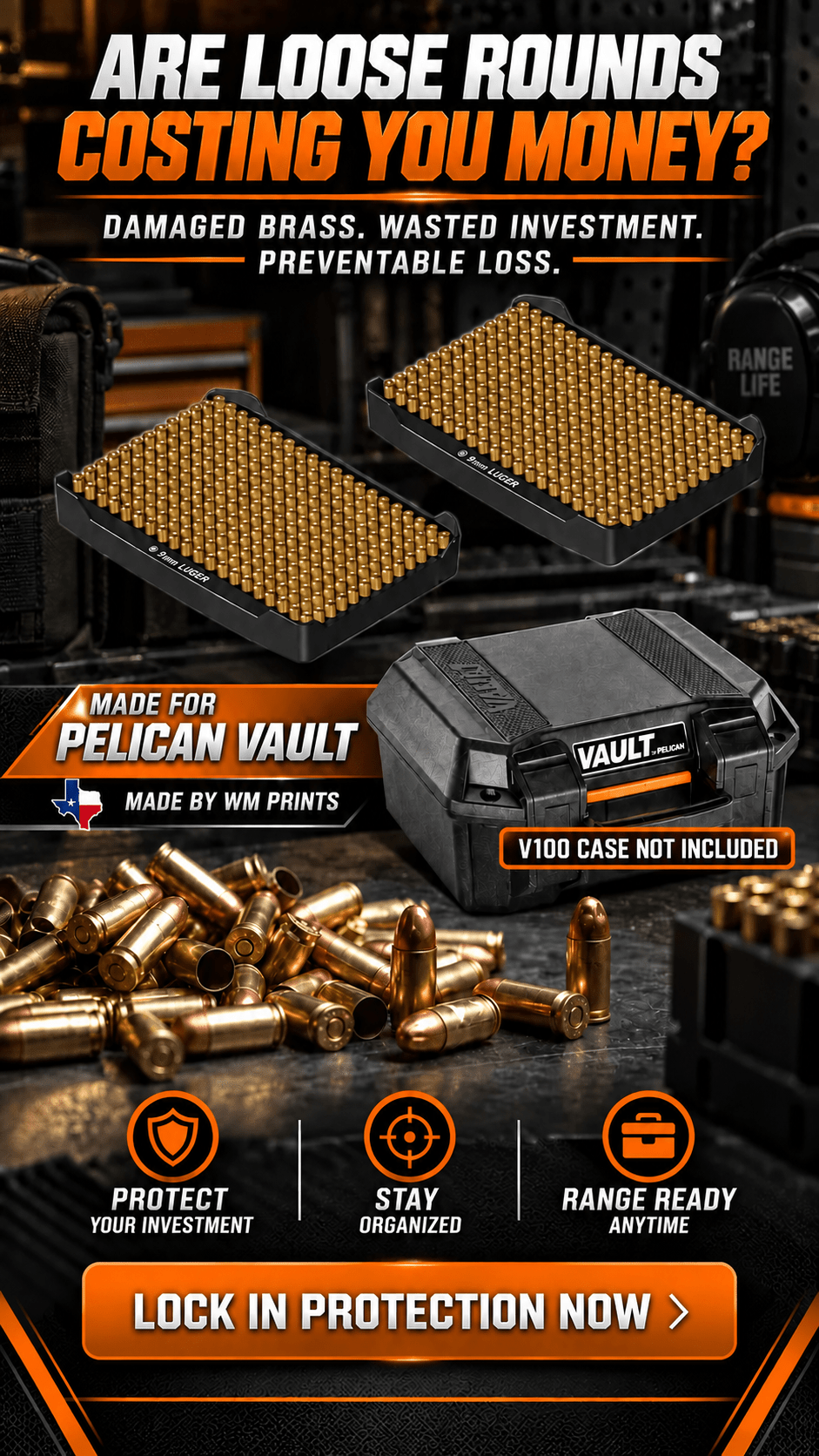 Made for Pelican Vault V100 Pistol ammo double stack inserts - WM Prints LLC