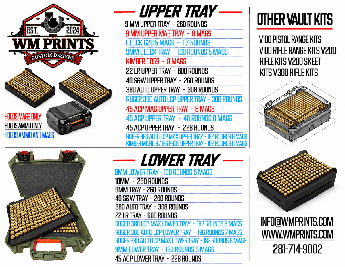 Made for Pelican Vault V100 Pistol ammo double stack inserts - WM Prints LLC