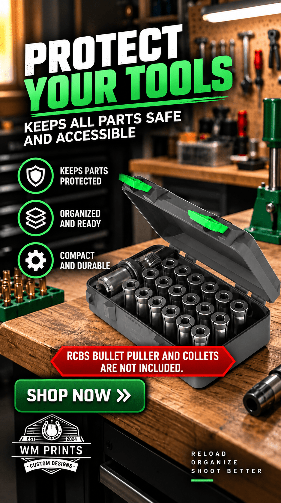 Made for RCBS Bullet Puller and Collets Storage Hinged Case GEN 2 - WM Prints LLC