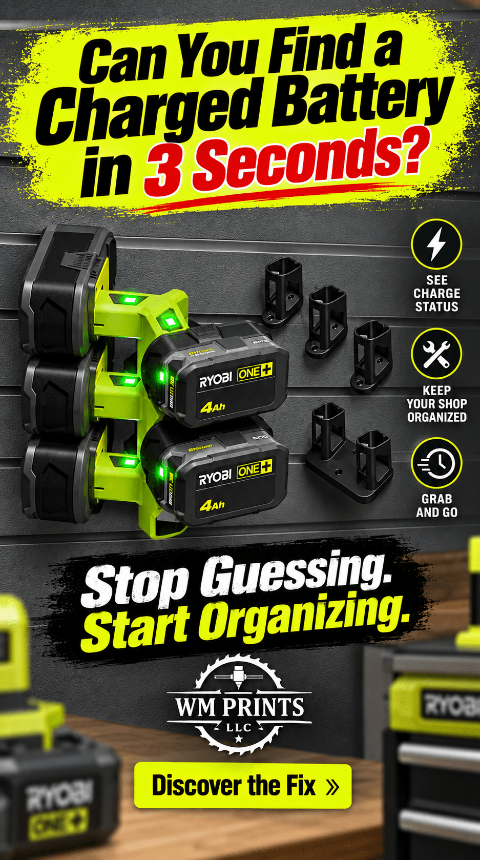 Made for Ryobi 18v ONE+ battery wall mounts - WM Prints LLC