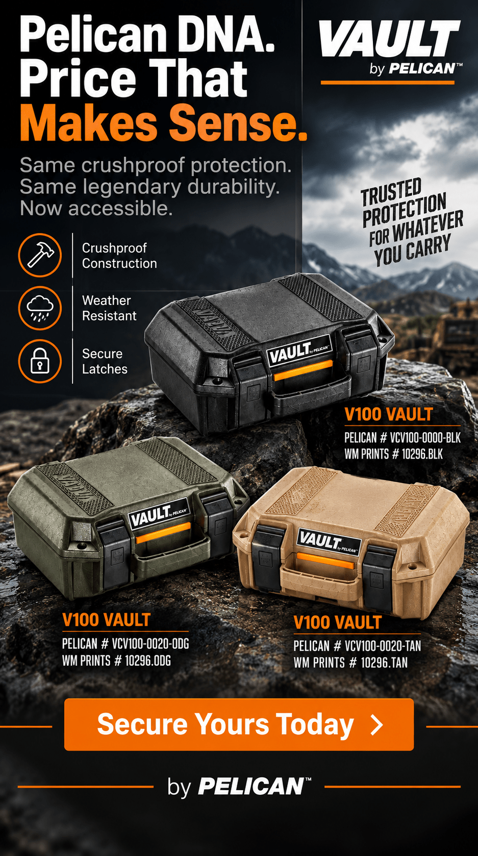 Pelican Vault V100 cases three colors. - WM Prints LLC