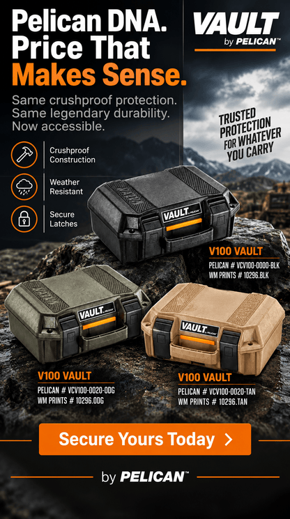 Pelican Vault V100 cases three colors. - WM Prints LLC